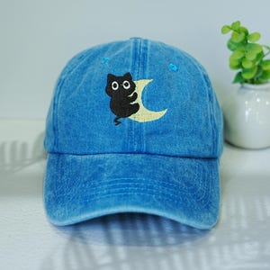 Cute Cat And Moon Embroidered Cap, Black Cat Baseball Hat, Custom Unisex Cap, Funny Baseball Cap, Vintage Trucker Hat, Gift For Dad