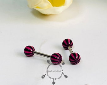 Stud de lengua de doble bola de corazón rosa, anillo de lengua de rayas acrílicas, perforación de lengua de acero inoxidable, joyería Y2k, joyería perforadora del cuerpo, regalo para ella