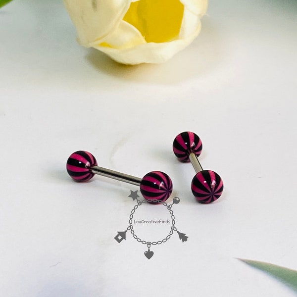 Pink Herz Doppel Kugel Zungenstecker,Zunge Ring Acryl Streifen,Zunge Piercing Edelstahl,Y2k Schmuck,Geschenk für Sie