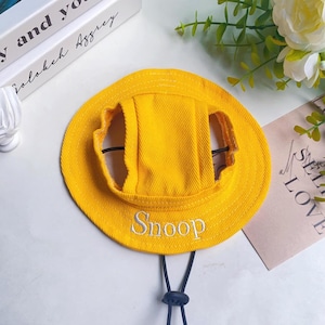 Custom Yellow Bucket Hat, Embroidered Cap For Dog, Cute Puppy Hat With Name, Sun Protection Cap, Pet Accessories, Travel Hat for Dog Cat Pet