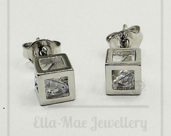 Cubic Zirconia Silver Cube Stud Earrings