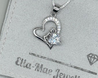 Love Heart Cubic Zirconia Silver Pendant on Box Chain Necklace