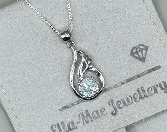 Angel Wing Crystal Pendant on Silver Box Chain Necklace