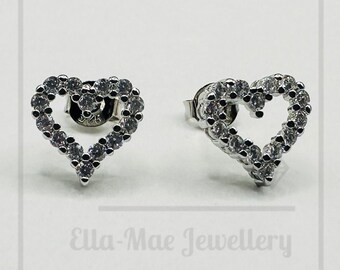 Encrusted Crystal Heart Silver Stud Earrings