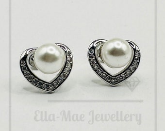 Pearl Silver Heart Stud Earrings