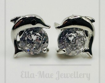 Dolphin Crystal Silver Stud Earrings