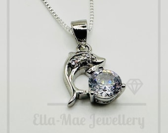 Dolphin Crystal Pendant on Silver Box Chain Necklace