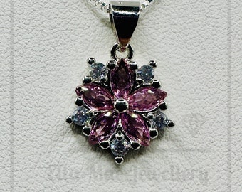 Pink Crystal Blossom Pendant on Silver Box Chain Necklace