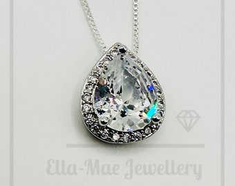 Teardrop Sparkle Halo Pendant on Silver Box Chain Necklace