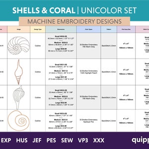 May include: A chart showing different sizes of machine embroidery designs for seashells and coral. The designs are available in small, medium, and large sizes. The chart also includes the file type, stitch count, hoop size, and color type. The designs are perfect for adding a touch of nature to your projects.