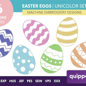 Puede incluir: Seis diseños de bordado de huevos de Pascua en varios colores y patrones, incluyendo chevron, rayas, lunares y diseños geométricos. Los diseños están disponibles en cuatro tamaños y en los siguientes formatos: DST, EXP, HUS, JEF, PES, SEW, VP3 y XXX.