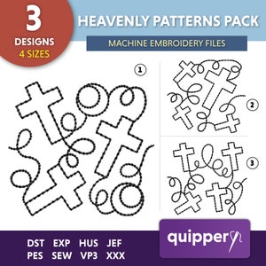 Pode incluir: Um conjunto de três desenhos de bordado à máquina que apresentam um padrão de cruzes e círculos. Os desenhos são etiquetados como 1, 2 e 3. O texto "Heavenly Patterns Pack" e "Machine Embroidery Files" está na parte superior da imagem. O texto "DST EXP HUS JEF PES SEW VP3 XXX" está na parte inferior da imagem. O texto "quippery" está em uma caixa roxa na parte inferior direita da imagem.