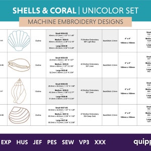 May include: A set of three machine embroidery designs featuring seashells and coral. The designs are available in three sizes: small, medium, and large. The designs are perfect for adding a touch of coastal charm to your projects.