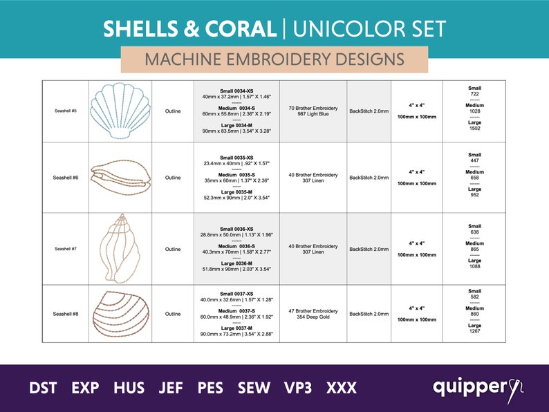 May include: A set of three machine embroidery designs featuring seashells and coral. The designs are available in three sizes: small, medium, and large. The designs are perfect for adding a touch of coastal charm to your projects.