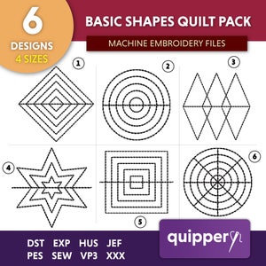 May include: A set of six basic shapes quilt pack machine embroidery files. The shapes include a square, circle, triangle, star, rectangle, and a circle with spokes. The image includes the text "6 Designs 4 Sizes" and "Basic Shapes Quilt Pack".