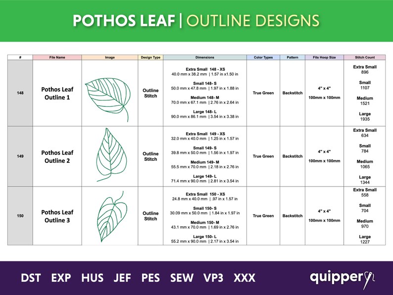 Fpp Pothos Pattern Pothos Leaf Embroidery Pattern: 6 Outline Designs (digital Product) - Etsy