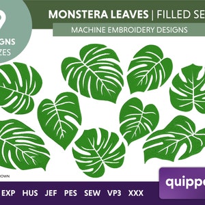 Desenho de Bordado de Folha de Monstera: Padrão de Planta Tropical (Arquivo PES)