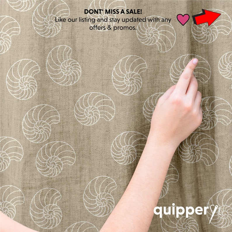 May include: A hand points to a brown fabric with a white nautilus shell pattern. The text "DONT' MISS A SALE! Like our listing and stay updated with any offers & promos." is at the top of the image. The text "quippery" is at the bottom of the image.