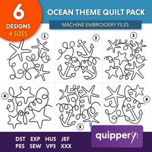 May include: A set of six machine embroidery designs featuring an ocean theme. The designs include anchors, starfish, and rope. The designs are available in four sizes. The text "OCEAN THEME QUILT PACK" and "MACHINE EMBROIDERY FILES" is displayed at the top of the image. The text "DST EXP HUS JEF PES SEW VP3 XXX" is displayed at the bottom of the image.