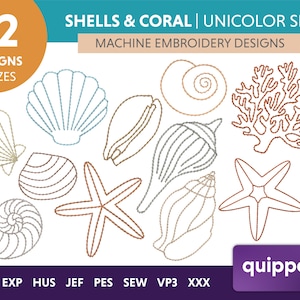 12 Seashell and Coral Embroidery Designs in an outline stitch. These designs are made by Quippery Embroidery and come in three sizes and the following stitch formats DST, EXP, HUS, JEF, PES, SEW, VPS, and XXX.