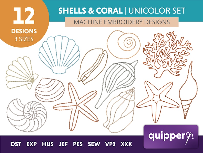 12 Seashell and Coral Embroidery Designs in an outline stitch. These designs are made by Quippery Embroidery and come in three sizes and the following stitch formats DST, EXP, HUS, JEF, PES, SEW, VPS, and XXX.