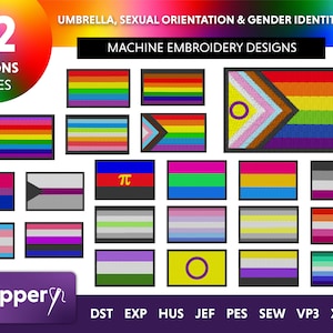 May include: 22 machine embroidery designs for various umbrella, sexual orientation, and gender identity flags. The designs are available in three sizes. The designs include the rainbow pride flag, the transgender flag, the bisexual flag, the pansexual flag, the genderqueer flag, the intersex flag, the asexual flag, the aromantic flag, the lesbian flag, the gay flag, the non-binary flag, the polyamorous flag, the genderfluid flag, the agender flag, the demisexual flag, the demigirl flag, the demiboy flag, the gender neutral flag, the genderfluid flag, the gender non-conforming flag, the two-spirit flag, and the progress pride flag. The designs are available in the following formats: DST, EXP, HUS, JEF, PES, SEW, VP3, and XXX.