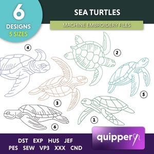 Może przedstawiać: Sześć różnych wzorów haftów morskich żółwi w pięciu rozmiarach. Wzory są obrysowane na czarno i wypełnione różnymi odcieniami zieleni i błękitu. Pliki do haftu są dostępne w następujących formatach: DST, EXP, HUS, JEF, PES, SEW, VP3, XXX i CND.