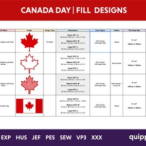 May include: A chart showing four different embroidery designs for Canada Day. The designs include a maple leaf, a maple leaf with a satin border, a maple leaf with a cross stitch, and the Canadian flag. The chart includes information about the design type, dimensions, color types, patterns, hoop size, and stitch count.