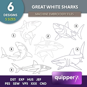 May include: Six embroidery designs of great white sharks in various poses. The designs are numbered 1 through 6. The text "Great White Sharks" and "Machine Embroidery Files" is at the top of the image. The text "6 Designs 5 Sizes" is in the top left corner. The text "DST EXP HUS JEF PES SEW VP3 XXX CND" is at the bottom of the image.