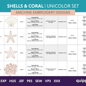 May include: A set of machine embroidery designs featuring a seashell, starfish, and coral. The designs are available in three sizes: small (4 inches by 4 inches), medium (6 inches by 6 inches), and large (8 inches by 8 inches). The designs are compatible with Brother embroidery machines and require a 2.0mm back stitch.