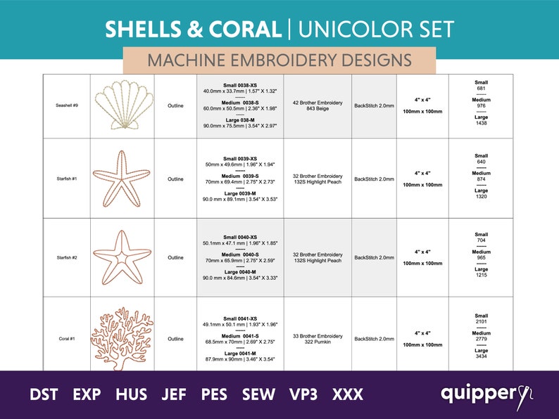 May include: A set of machine embroidery designs featuring a seashell, starfish, and coral. The designs are available in three sizes: small (4 inches by 4 inches), medium (6 inches by 6 inches), and large (8 inches by 8 inches). The designs are compatible with Brother embroidery machines and require a 2.0mm back stitch.