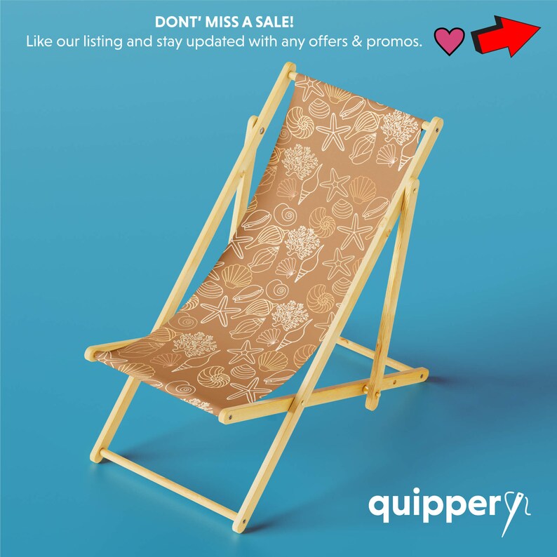 May include: A brown wooden folding chair with a beige canvas seat featuring a white seashell pattern. The chair is on a blue background with the text "DONT' MISS A SALE!" and "quippery" in the bottom right corner.
