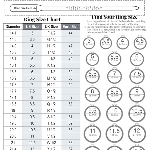 Medidor de anillos de diamantes imprimible / Buscador de tamaños de anillos / Medida de tamaños de anillos / Tabla internacional de tamaños de anillos / Herramienta de tamaño de anillos / Descarga instantánea