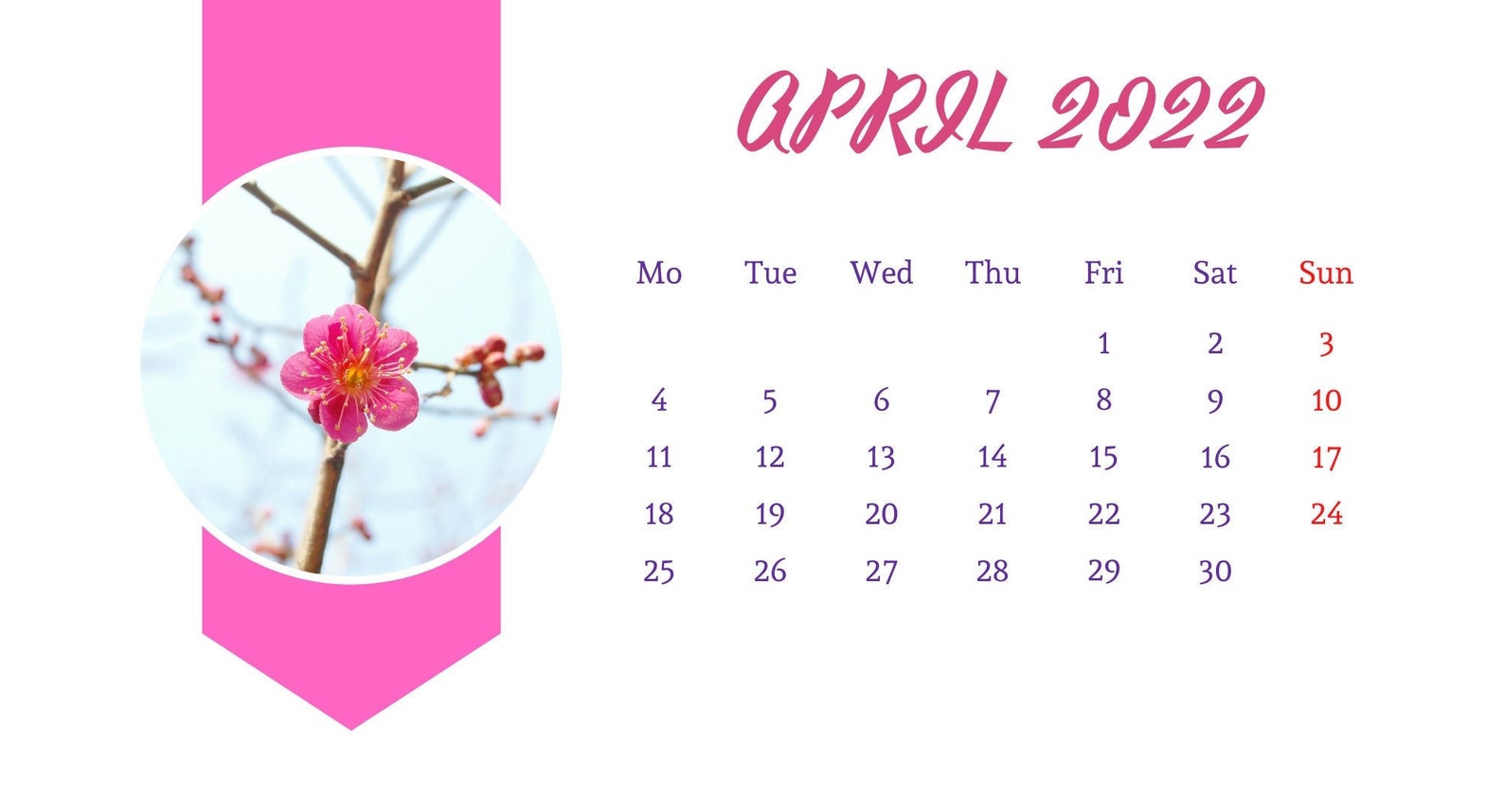 Printable April Calendar Pink Calendar Monthly Calendar Etsy