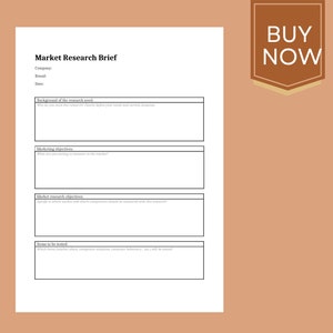 Peut inclure: Un modèle de brief de recherche de marché noir et blanc avec le titre "Market Research Brief" et les mots "Buy Now" dans un encadré marron en haut à droite.