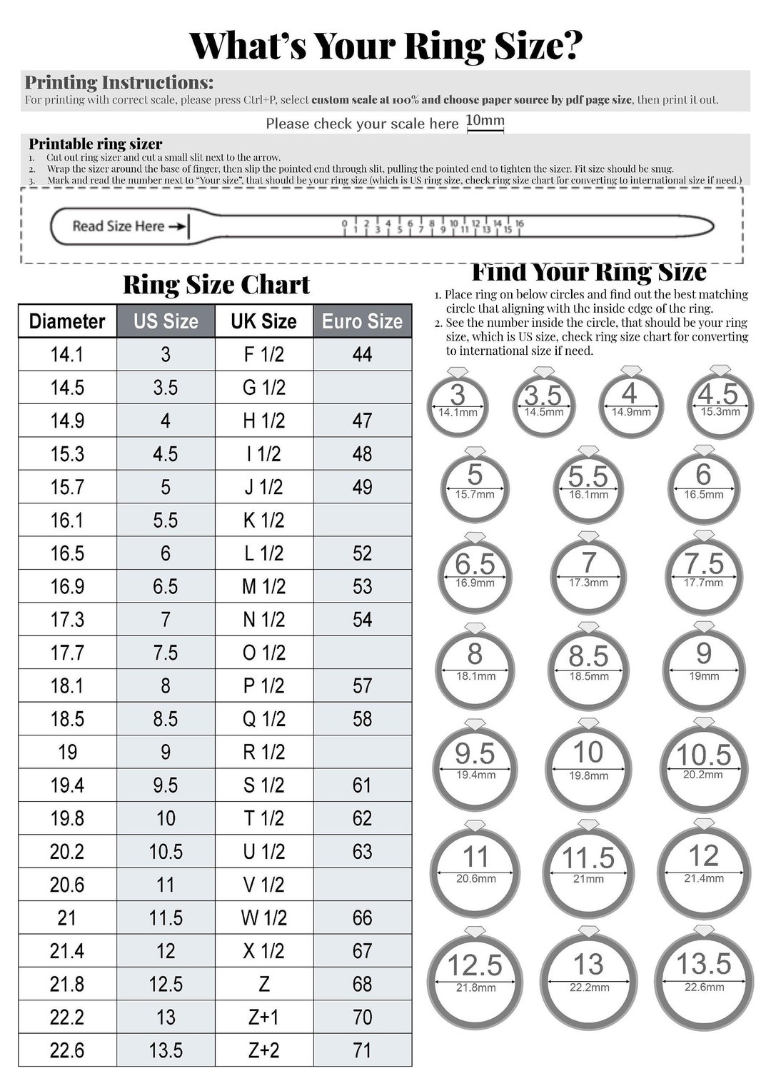 Printable Diamond Ring Sizer Ring Size Finder Ring Size Measure ...