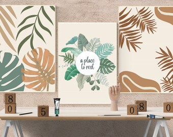 Japandi Tropical Leaf Print Set: Boho Botanical Wall Art (Digital Download)