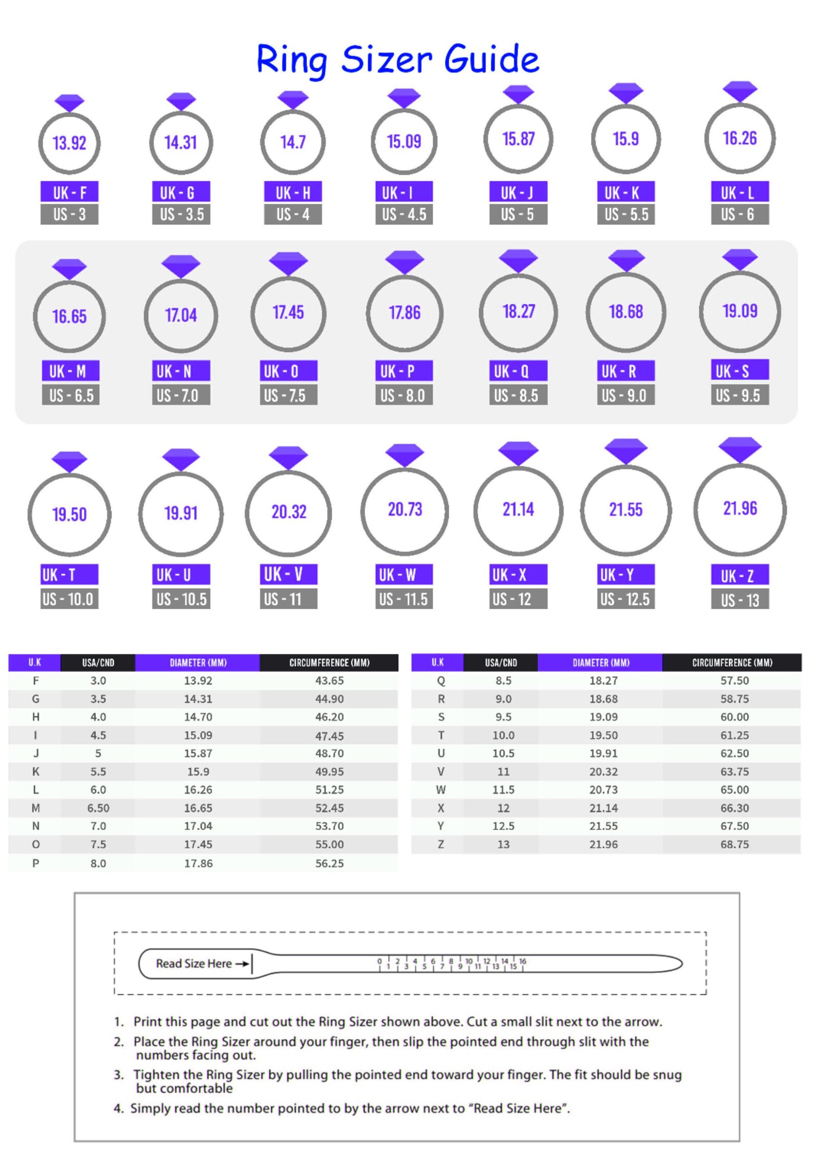 Printable Diamond Ring Sizer Ring Size Finder Ring Size Measuring Tool