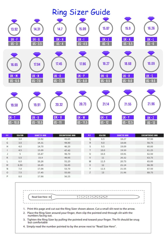 Misuratore di anelli di diamanti stampabile/Ricerca dimensione anello/Strumento  di misurazione dimensione anello/Tabella internazionale delle dimensioni  dell'anello/Misura dimensione dell'anello/Download istantaneo -  Italia