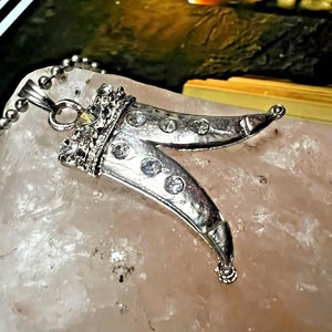 May include: A silver pendant necklace with a detailed design of two horns with clear rhinestones. The pendant is on a silver chain.