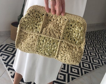Pouch Clutch Bag With hidden clasp frame, Paper Yarn Knitted Tan Handcrafted Clutch, Crochet Summer Bag Clutch, Straw