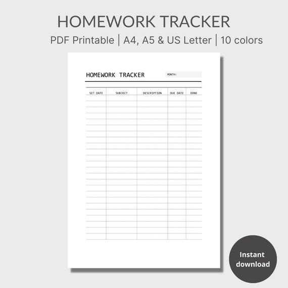 Homework Tracker Printable Homework Tracker Sheet Homework Etsy