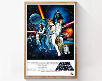 May include: A vintage Star Wars movie poster featuring a dark blue background with a space scene. The poster features the main characters from the movie, including Luke Skywalker, Princess Leia, Han Solo, Chewbacca, Darth Vader, and R2-D2. The text on the poster reads "Star Wars".