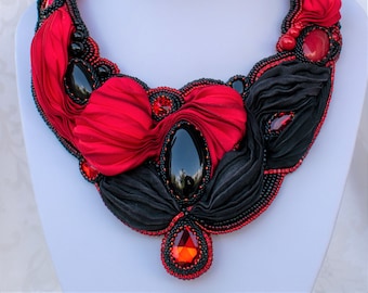 Flamenco - unique beadembroidery neckpiece, OOAK handmade jewellery