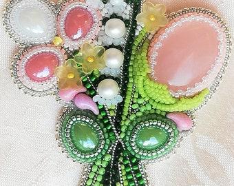 DIY-KIT, Flower bouquet brooch beadembroidery Kit and tutorial, beading pattern and tutorial, brooch KIT