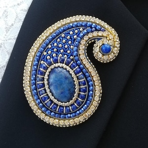 DIY-KIT, Paisley brooch KIT in lapis lazulit-gold, beadembroidery instructions and supplies