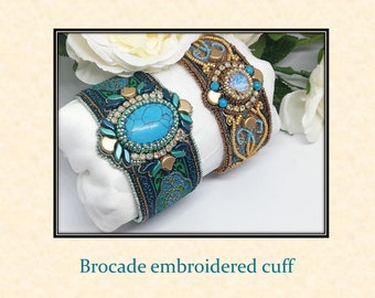 DIY-TUTORIAL embroidered brocade cuff, beadembroidery instructions, beaded bracelet tutorial