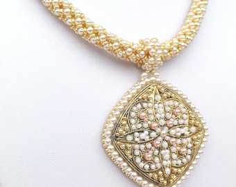 Gold filigree embroidered pendant with beadwoven necklace, OOAK, beadembroidery, hadmade jewellery