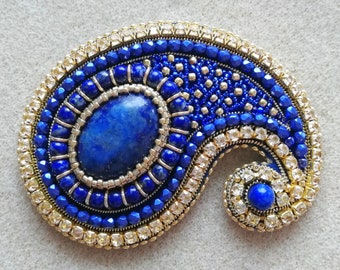 DIY-KIT, Paisley brooch KIT in lapis lazulit-gold, beadembroidery instructions and supplies, beadembroidery