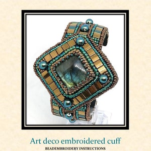 May include: Art Deco beaded cuff bracelet featuring a large iridescent gemstone in the centre, surrounded by gold and green beads.